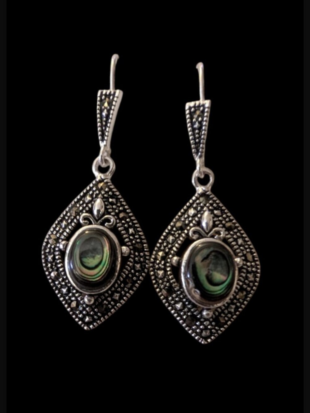 Vintage Marsala Abalone Shell Marcasite Stone Silver Tone 1.56" Hook Earrings